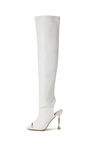 Open Toe Zipper Solid Color Slingback Stiletto Heel Over The Knee Boots