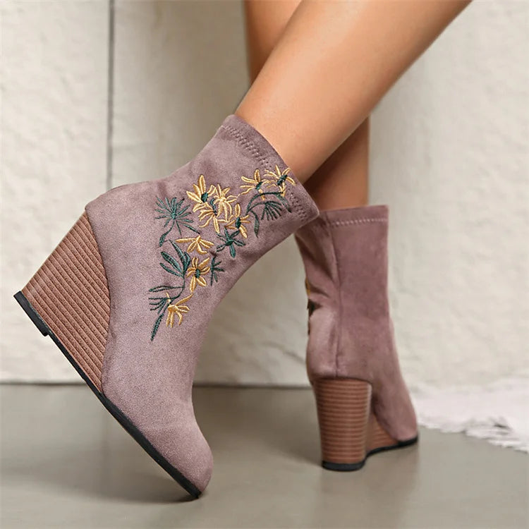 Floral Embroidery Round Toe Wedge Heel Pull On Ankle Boots