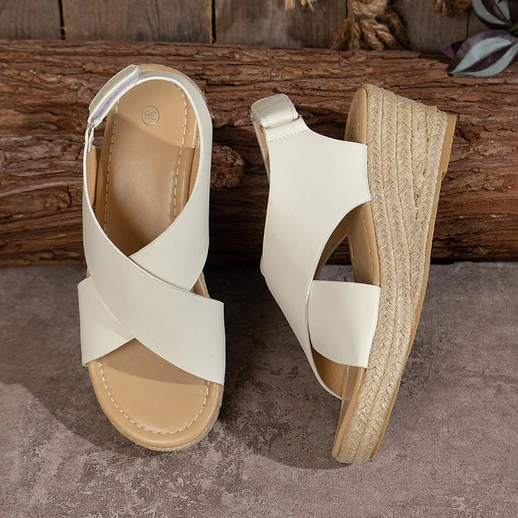 Cross Belt Espadrille Platform Peep Toe Magic Stick Closure Wedge Sandals