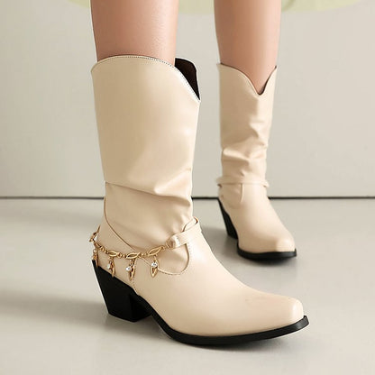 Metal Chain Decor Patchwork Square Toe Chunky Heel Mid Calf Boots