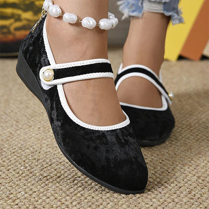 Contrast Trim Instep Strap Buckle Round Toe Velvet Flats