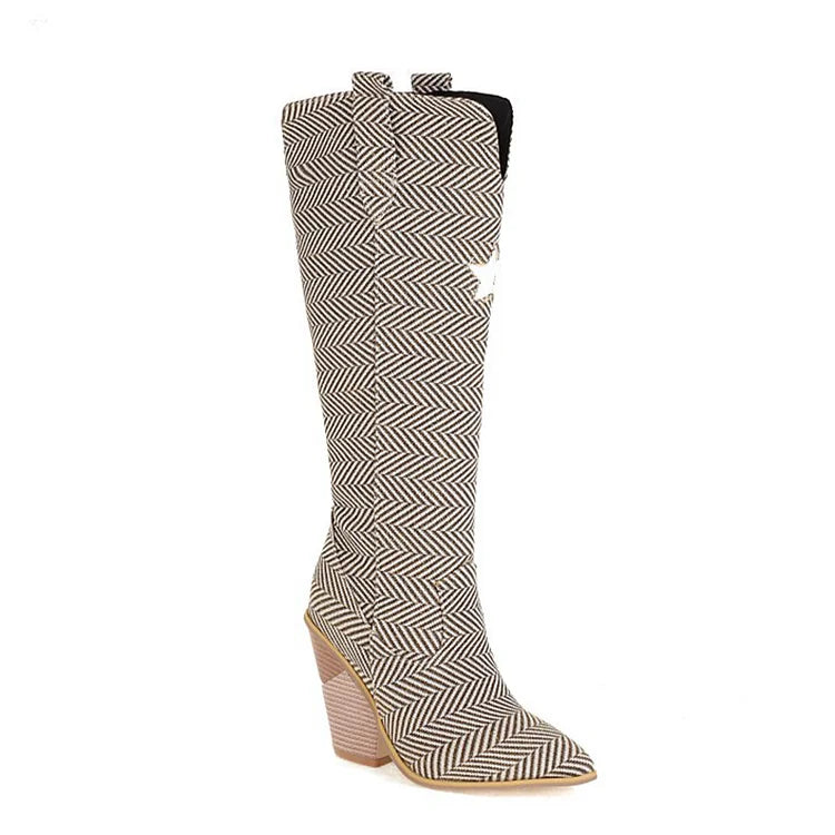 Snake Print Star Pattern V Cut Pointed Toe Chunky Heel Knee High Boots