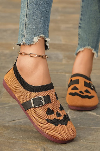 Colorblock Halloween Pumpkin Pattern Strap Buckle Decor Round Toe Flats