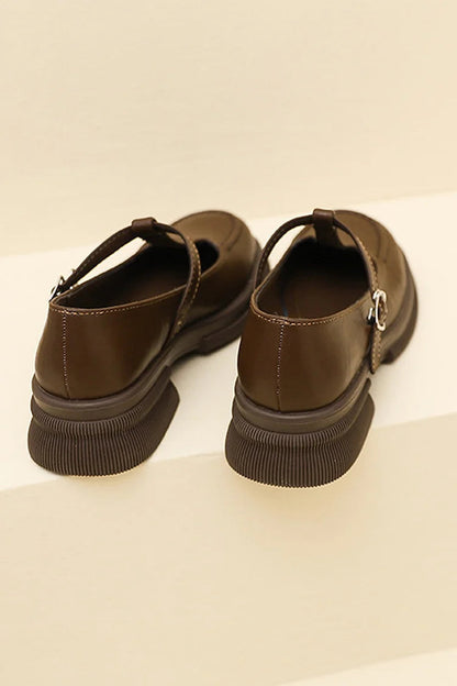 T-Strap Buckle Round Toe Stitch Detail Casual Loafers