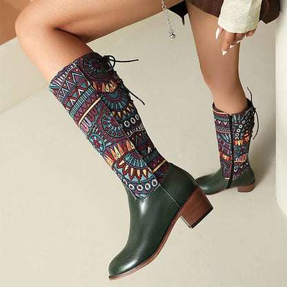 Multicolor Tribal Pattern Patchwork Lace Up Mid Calf Boots