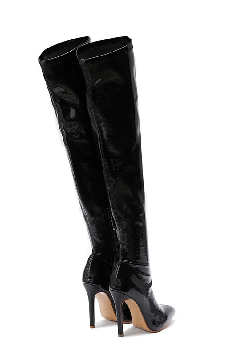 Zipper Pointed Toe Stiletto Heel Solid Color Over The Knee Boots