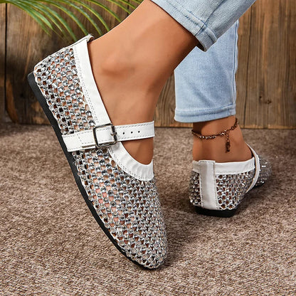 Hollow Out Rhinestone Decor Instep Strap Buckle Round Toe Flats