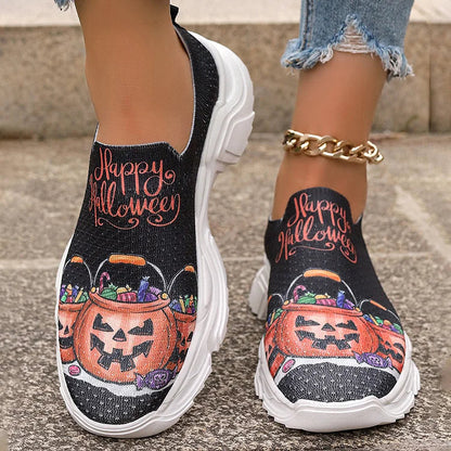 Happy Halloween Floral Skulls Ghost Pumpkin Spider Web Print Slip On Sneakers