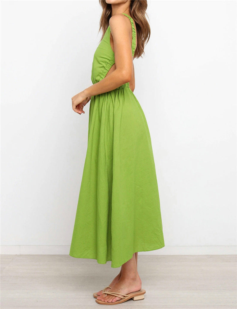 Solid Color Linen Backless Dress