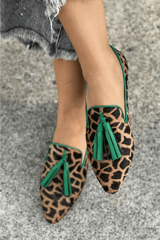 Faux Leather Colorblock Print Tassels Pointy Flats