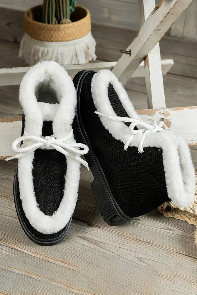 Patchwork Fluffy Trim Round Toe Lace Up Snow Boots