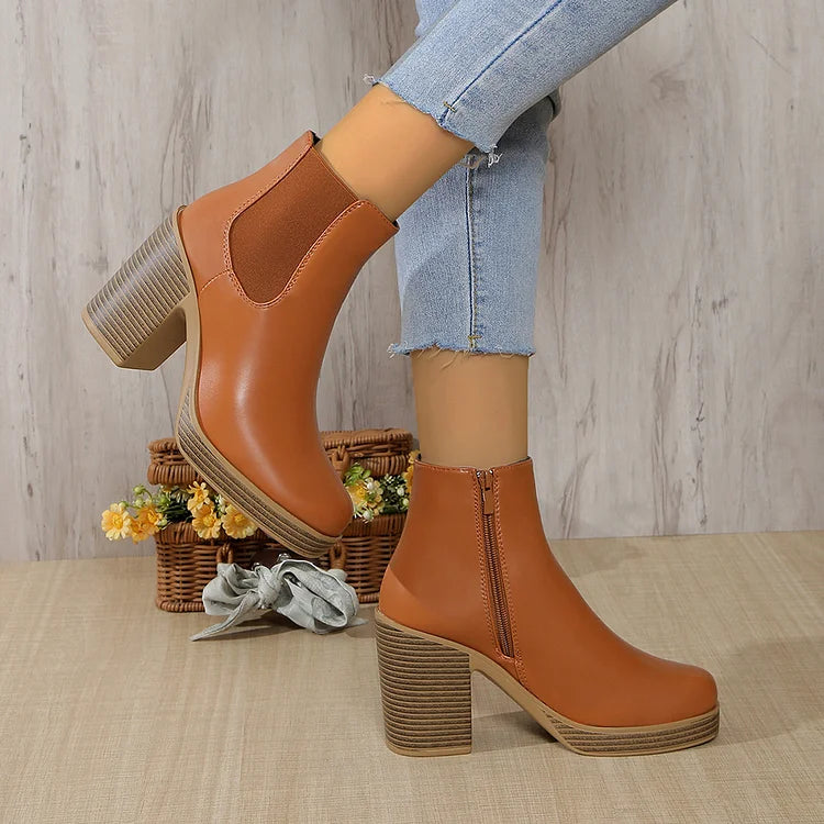 Zipper Patchwork Round Toe Chunky Heel Ankle Boots