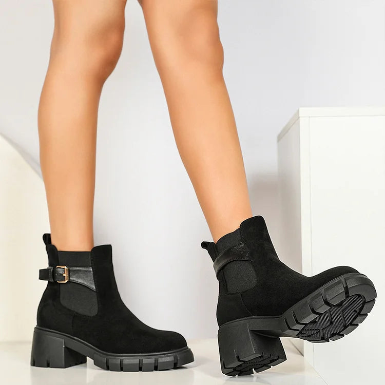 Patchwork Strap Buckle Round Toe Chunky Heel Ankle Boots