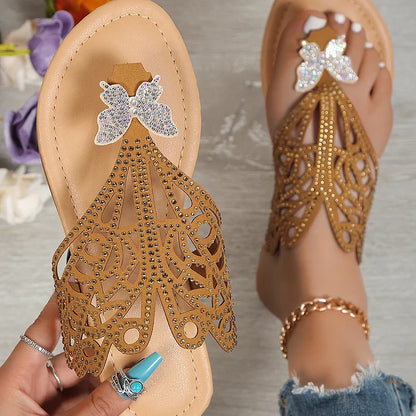 Rhinestone Butterfly Decor Hollow Out Flip Flops Slippers