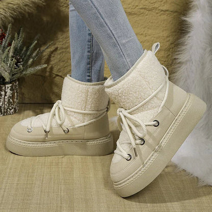 Patchwork Round Toe Lace Up Low Platform Snow Boots