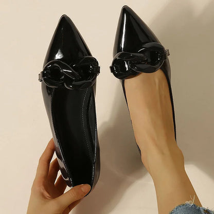 Patent Leather Chain Trim Pointy Toe Casual Flats