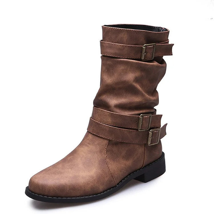 Multi Straps Buckles Patchwork Round Toe Solid Color Mid Boots