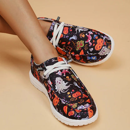 Halloween Element Pumpkin Ghost Skull Print Lace Up Canvas Casual Shoes