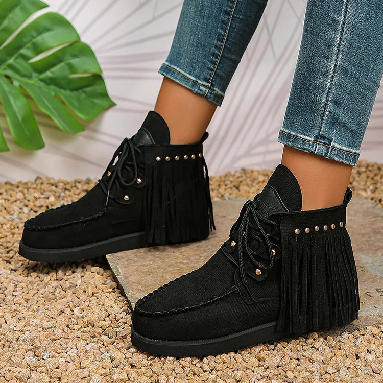 Fringed Trim Round Toe Metal Rivets Lace Up Ankle Boots