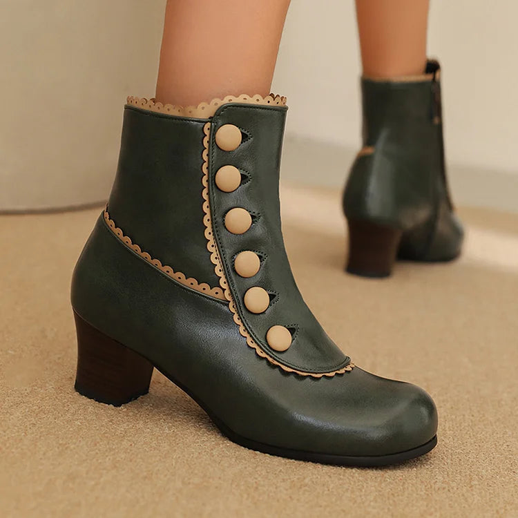 Buttons Colorblock Trim Round Toe Chunky Heel Ankle Boots