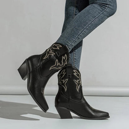 Embroidery Pointed Toe Chunky Heel Patchwork Pull On Western Boots