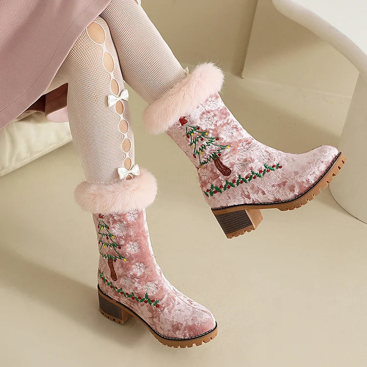 Christmas Tree Embroidery Fluffy Round Toe Chunky Heel Velvet Mid Boots