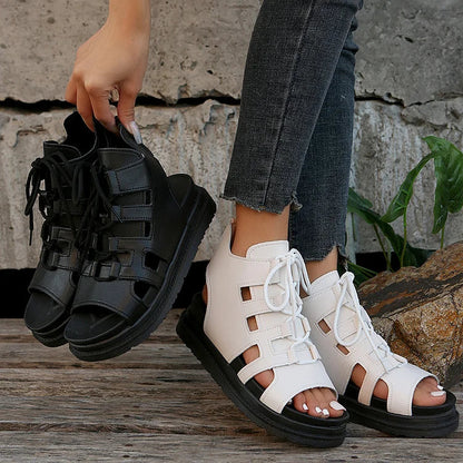 Casual Hollowed Lace Up Peep Toe Muffin Sandals