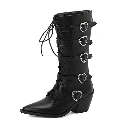 Pointed Toe Multicolor Straps Buckles Lace Up Mid Calf Boots