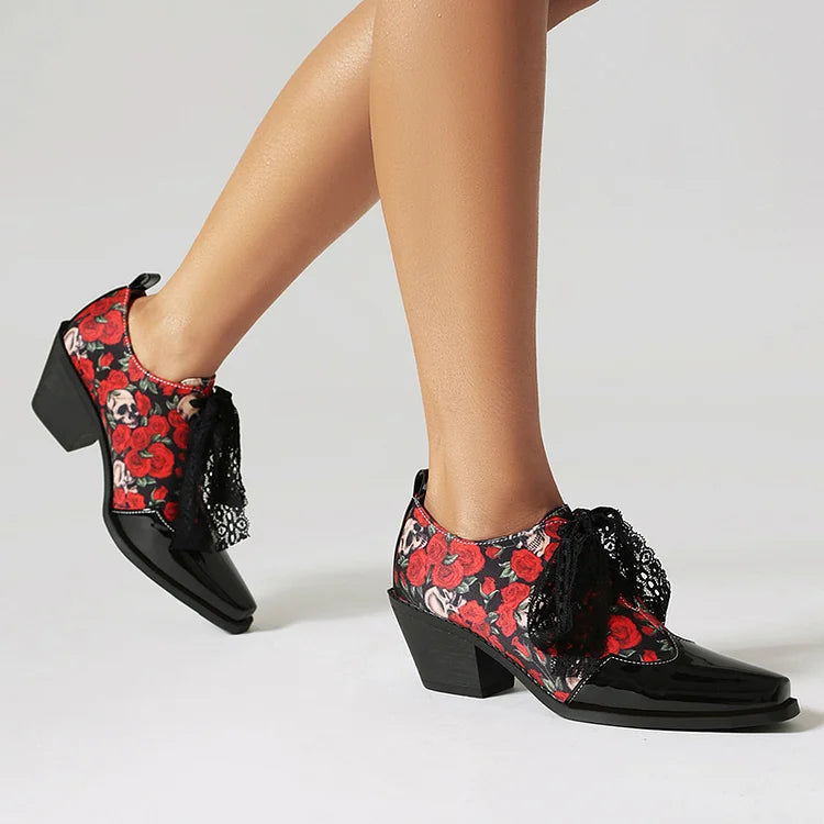 Tied Up Lace Leopard Print Patchwork Square Toe Chunky Heel Oxfords