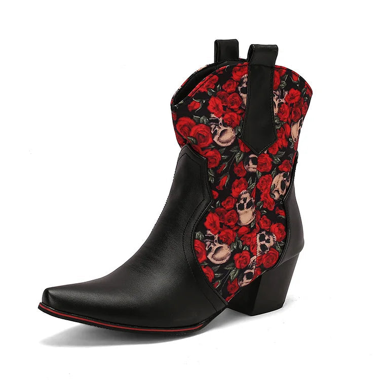 Floral Print Patchwork Chunky Heel Pointed Toe Ankle Boots