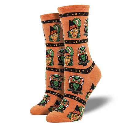 Halloween Maple Leaf Pumpkin Witch Owl Skeleton Print Mid Calf Socks