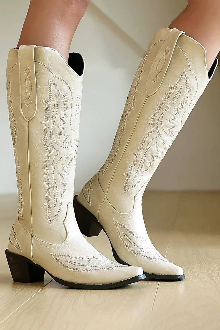 Pointed Toe Embroidery Patchwork Chunky Heel Pull On Western Boots