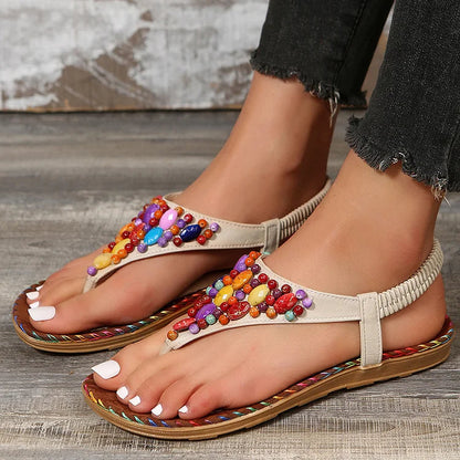 Colourful Gem Beads Seam Detail Elastic Band Flip Flops Retro Sandals