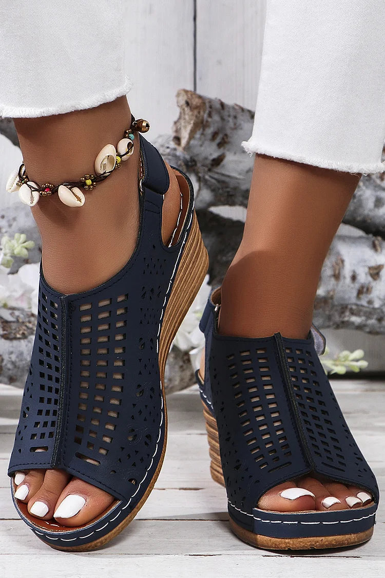 Hollow Out Open Toe Slingback Sandals Wedge Heels