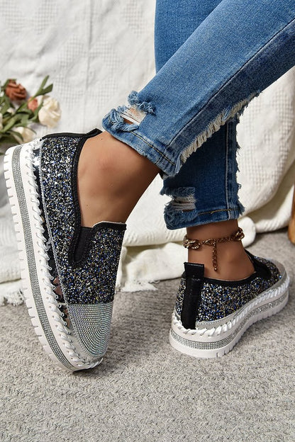 Rhinestone Decor Glittering Stitch Detail Round Toe Loafers