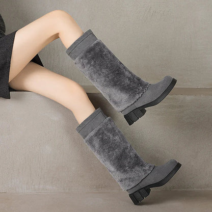 Fluffy Trim Patchwork Round Toe Chunky Heel Pull On Long Boots