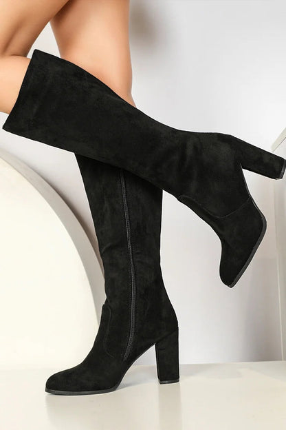 Solid Color Patchwork Pointed Toe Chunky Heel Zipper Knee High Boots