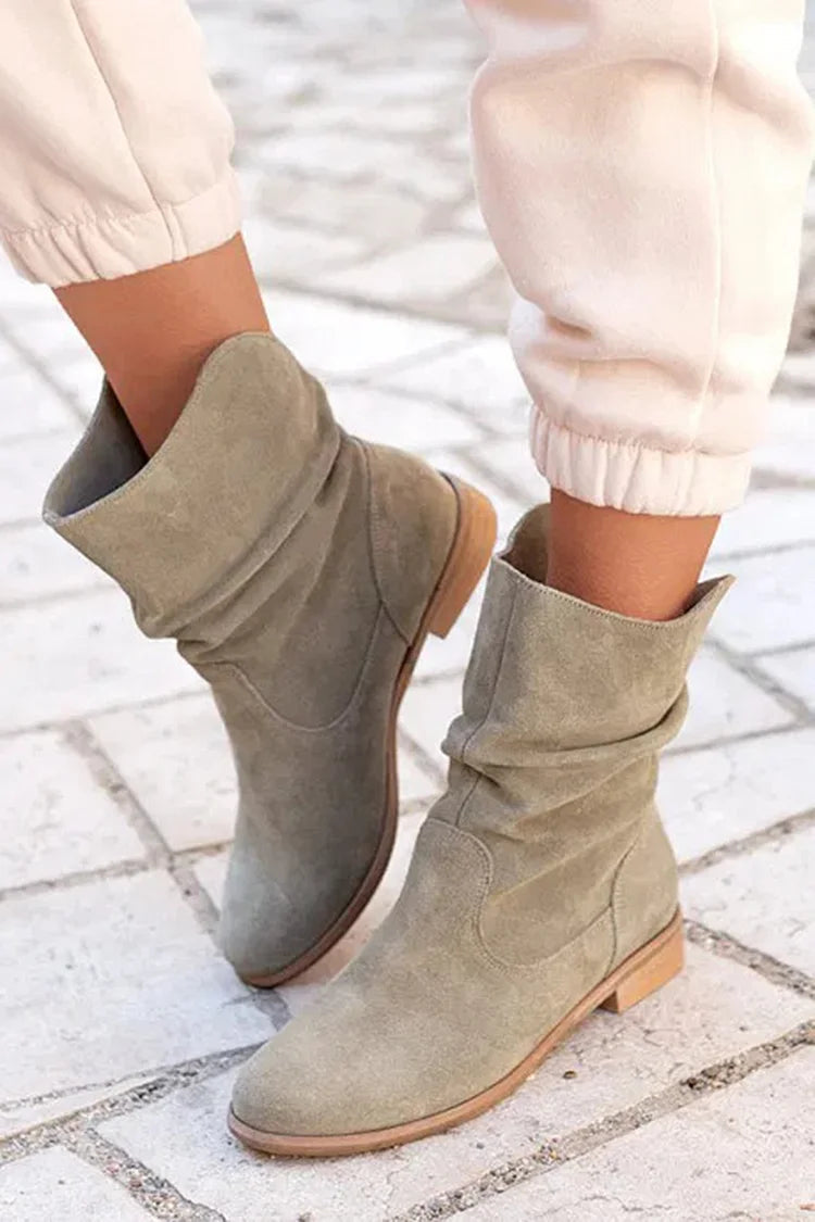 Solid Color Patchwork Round Toe V Cut Slouch Ankle Boots