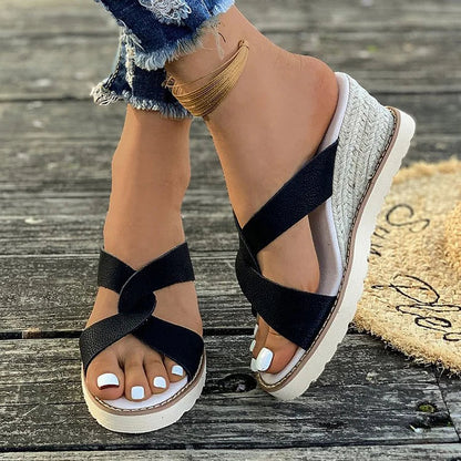 Casual Cross Strap Peep Toe Plain Espadrille Wedge Slippers