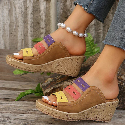 Color Block Quilted Hollow Out Peep Toe Wedge Slippers