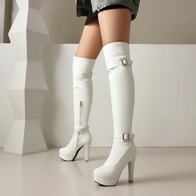 Two Strap Buckle Decor Zipper Round Toe Chunky Heel Over The Knee Boots