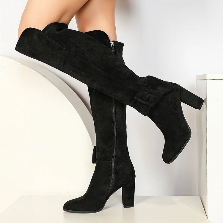 Irregular Edge Buckle Solid Color Pointed Toe Chunky Heel Knee High Boots