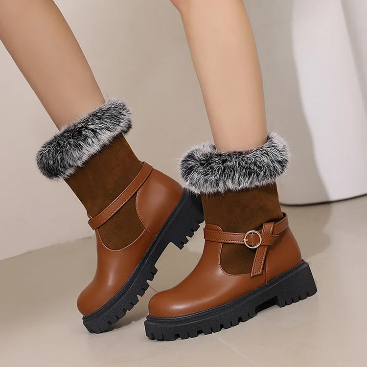 Patchwork Strap Buckle Decor Faux Fur Trim Round Toe Chunky Heel Ankle Boots