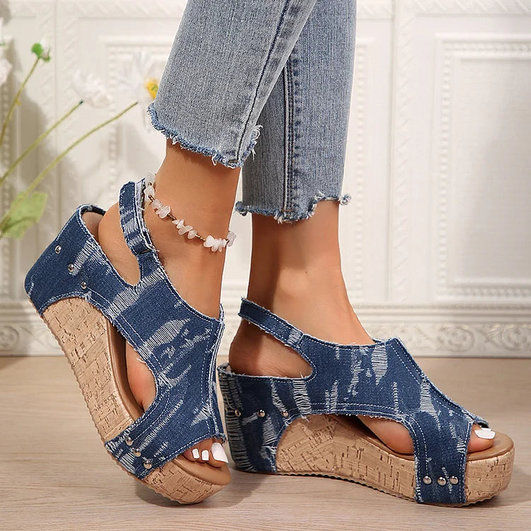 Denim Ripped Rivet Decor Cutout Slingback Strap Platform Wedge Sandals