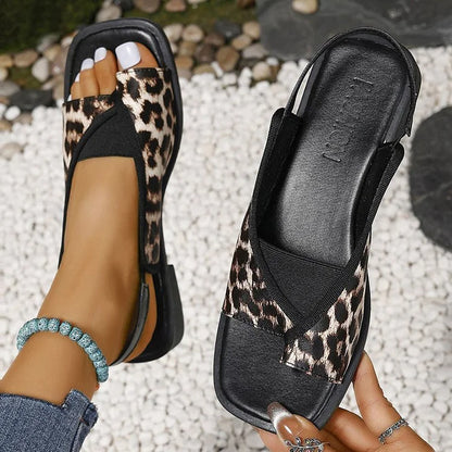 Leopard Print Square Toe Patchwork Slingback Strap Sandals