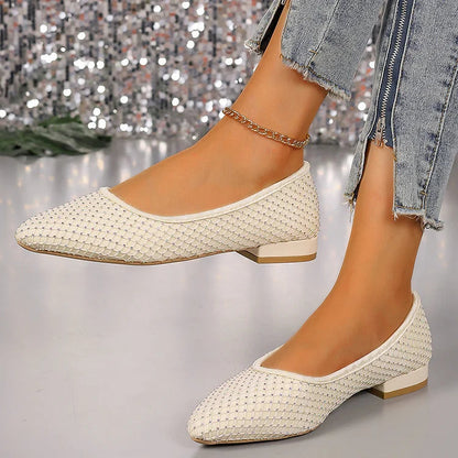 Rhinestone Decor Fishnet Patchwork Pointed Toe Flats