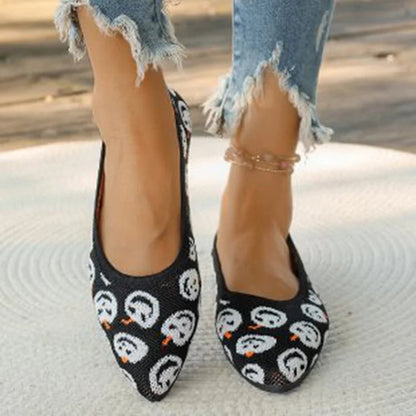 Halloween Horror Pumpkin Pattern Print Pointy Toe Knit Flats