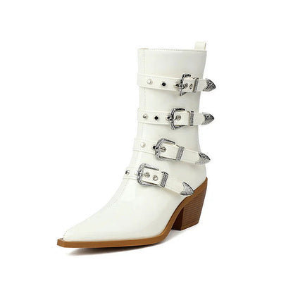 Multicolor Straps Buckles Pointed Toe Chunky Heel Mid Calf Boots