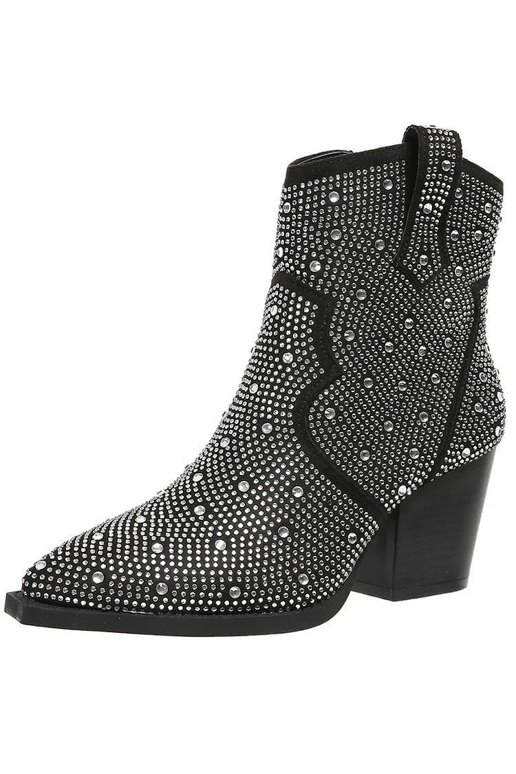 Rhinestone Decor Patchwork Zipper Pointed Toe Ankle Boots