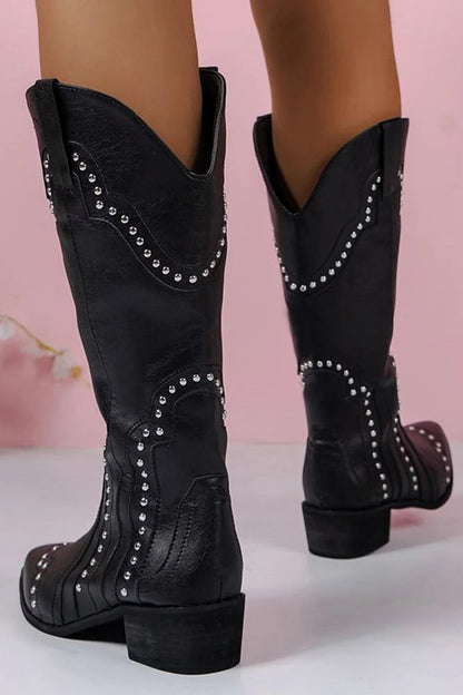 Metallic Studded Patchwork Pointed Toe Chunky Heel Knee High Boots